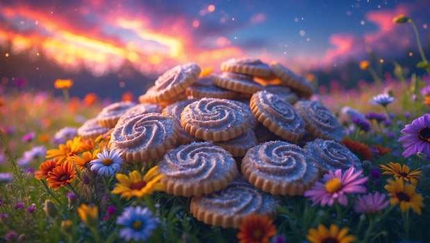 Pile of Cookies in Flower Field at Sunset photo