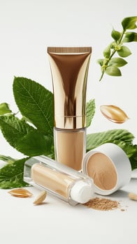 Various cosmetics products with leaves and green leaves photo