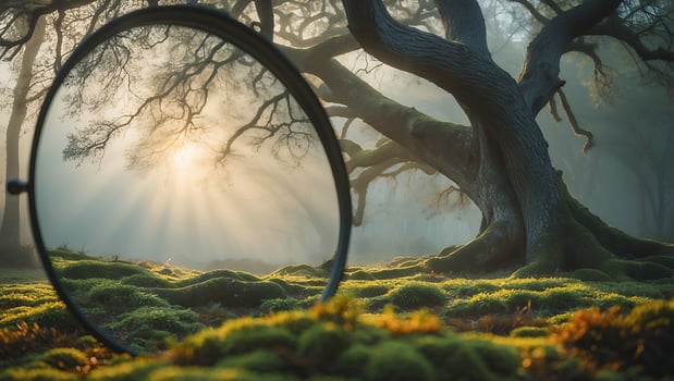 Sun Rays Through Tree Branches in Forest with Magnifying Glass photo