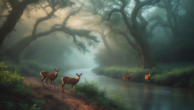 Deer in Forest with River photo
