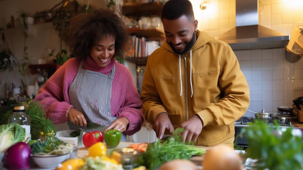 Couples cooking together in a cozy kitchen filled with fresh vegetables and herbs photo