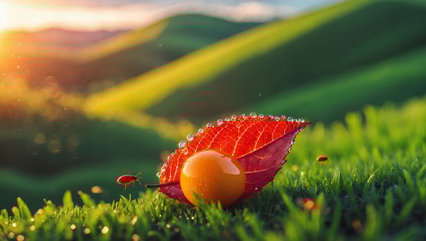 Autumn Leaf with Orange Orb on Grass Landscape photo