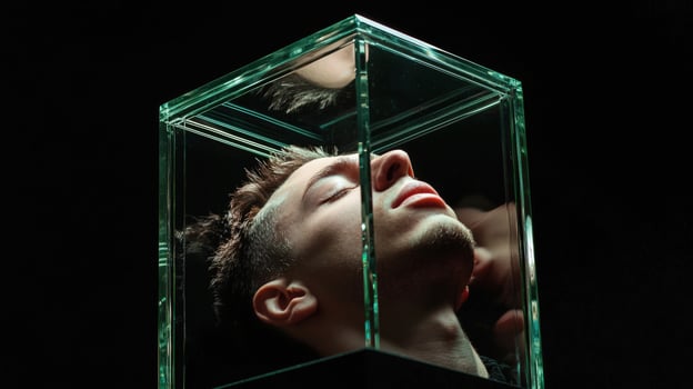 A man is inside of a glass box photo