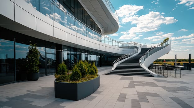 Modern building with stairs and a large glass wall photo