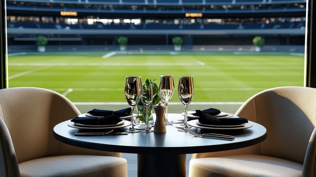A table with two chairs and a wine glass photo