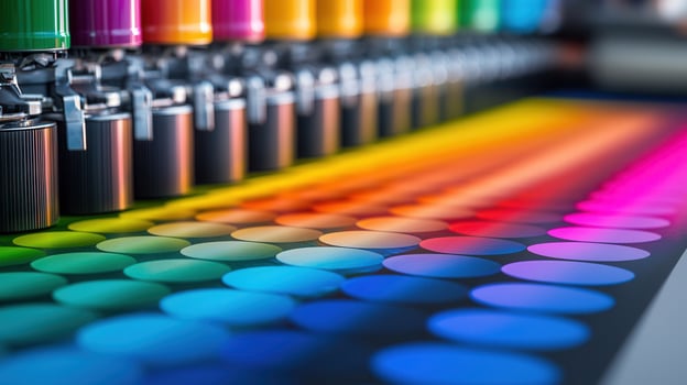 Industrial machinery processing vibrant precision spools, showcasing textile manufacturing and textile production technology photo