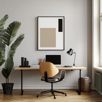 Modern home office with wooden floor and a potted plant photo