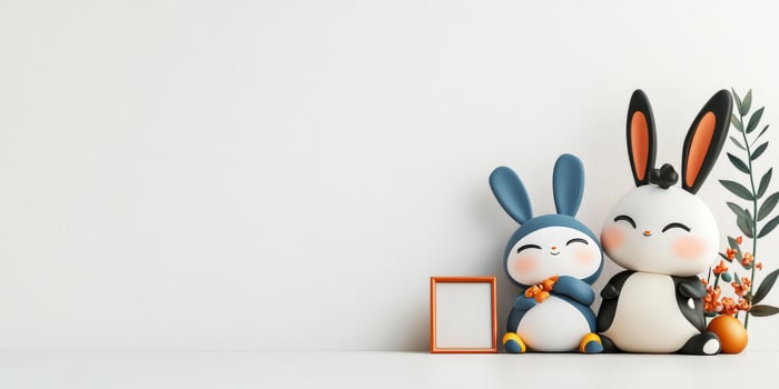 Easter bunny and bunny figurines with flowers on white background 3d render photo