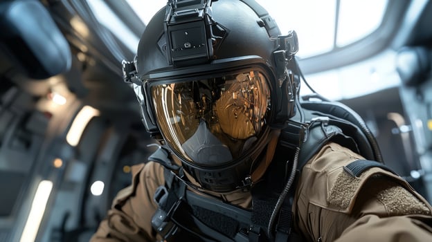 A soldier in a helmet and protective gear photo