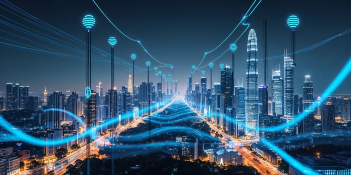 View of a futuristic city skyline illuminated by glowing blue lines, showcasing advanced technology and urban life at night photo