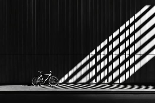 A bicycle is parked in front of a wall with shadows photo
