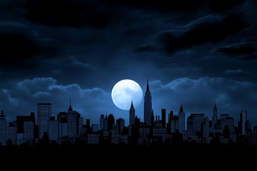 New york city skyline at night with moon photo