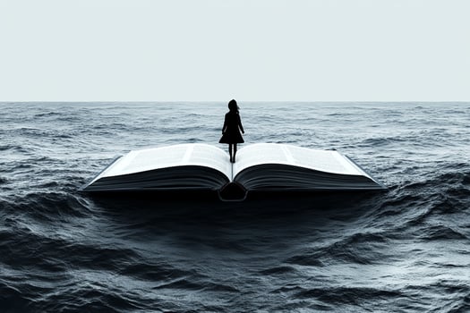 A woman standing on top of an open book in the ocean photo