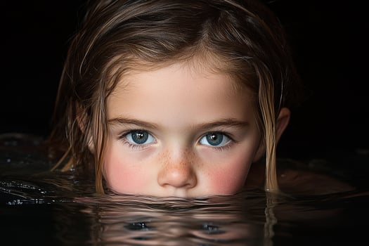 A young girl with blue eyes is swimming in the water photo