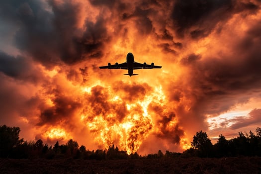 A plane is flying over a large fire photo