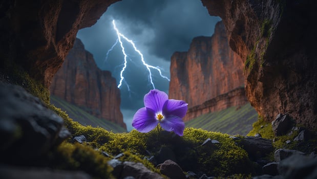 Purple Flower and Lightning in Mountain Landscape photo