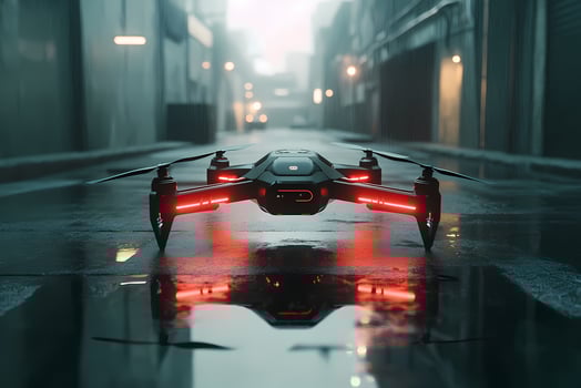 Futuristic drone hovering in urban alleyway photo