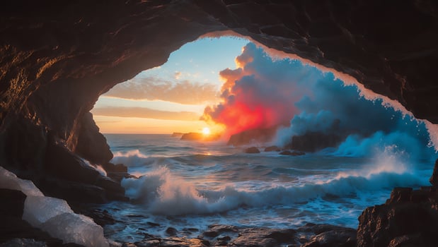 Ocean Wave Crashing Against Rock at Sunset Through Cave photo
