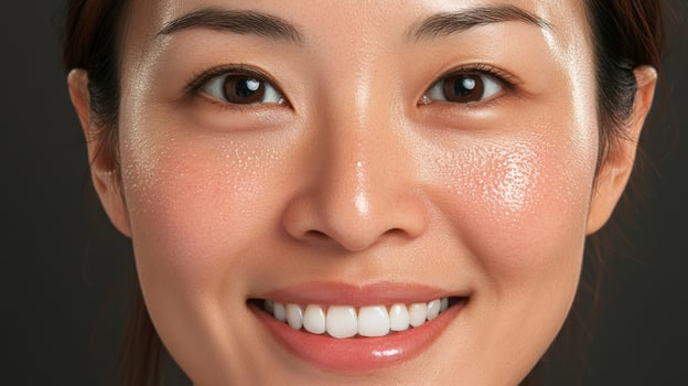 A woman with a white smile and a pink face photo