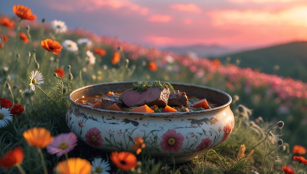 Beef Stew in Floral Bowl with Carrots and Flowers in a Meadow photo