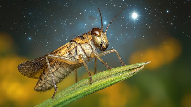 Grasshopper perched on a blade of grass under a starry night sky photo