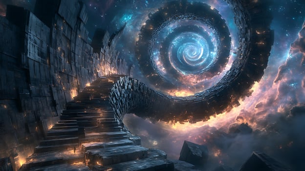 Spiral Staircase in Futuristic Landscape Leading Toward Glowing Vortex in the Sky photo