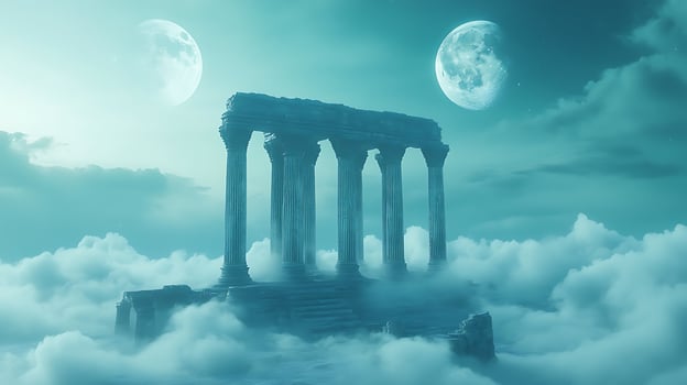 Ancient Temple Ruins Surrounded by Clouds Under a Dreamlike Night Sky photo