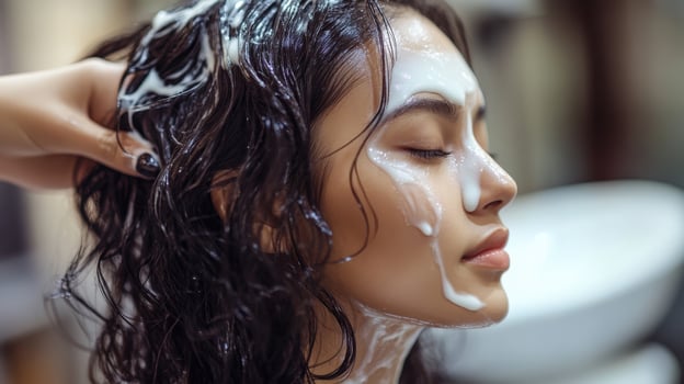 A woman with a face mask on her head photo