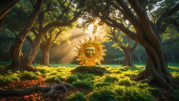 Sun Sculpture in the Forest with Light Rays photo