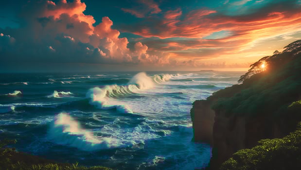 Ocean Waves Crashing at Sunset on Tropical Coast photo