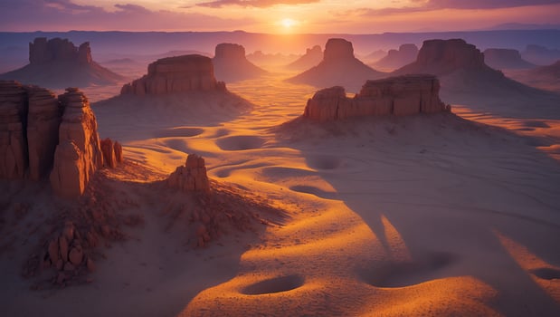 Desert Landscape at Sunrise with Sandstone Rock Formations photo