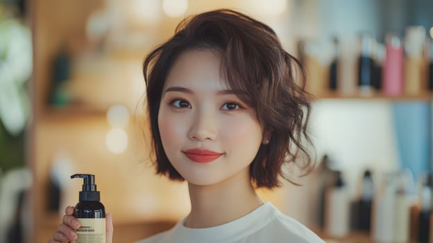 Smiling young woman holding hair product in salon. photo