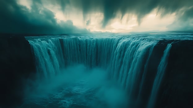 Majestic Cascading Waterfalls Under Dramatic Sky with Ethereal Lighting photo