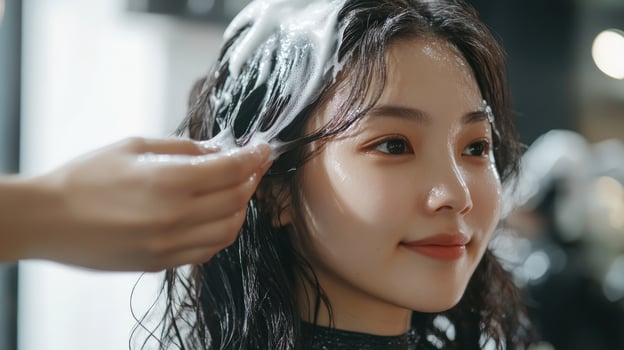 Close-up view of a woman's hair being washed at a salon. photo