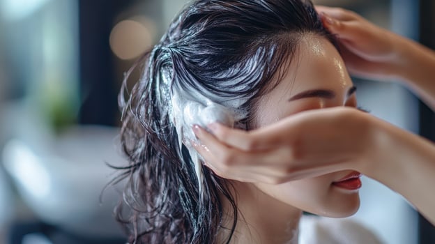 Woman receiving a hair treatment at a salon. photo