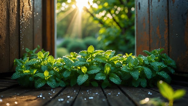 Fresh Mint Plant on Wooden Surface with Sunlight in Background photo