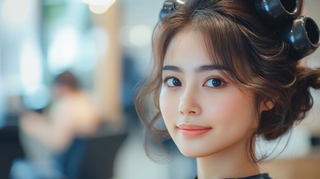 A young woman with styled hair in a salon setting. photo