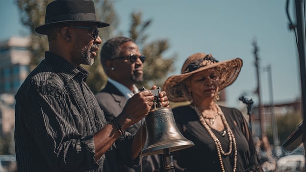 Man and Woman Ringing Freedom Bell photo