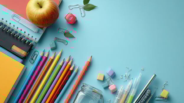 School supplies and apple on blue background photo