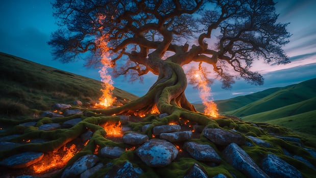 Majestic Tree on Fire in Green Hills Landscape photo