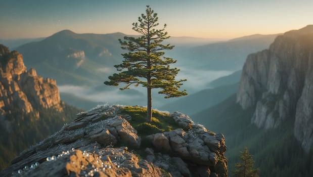 Pine Tree on Mountain Peak Landscape at Sunrise photo