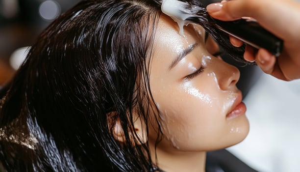 Close-up view of a woman receiving hair treatment. photo