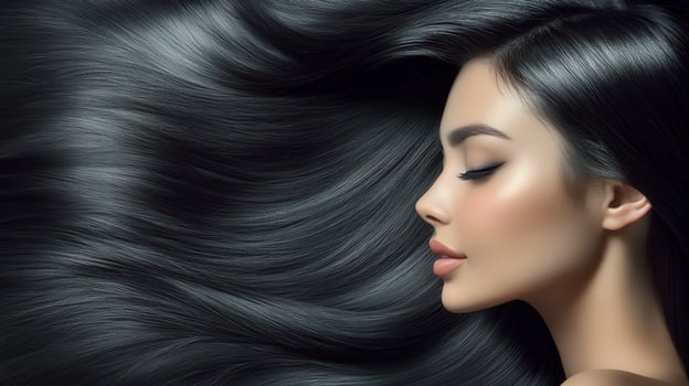 Close-up portrait of a woman with flowing dark hair. photo