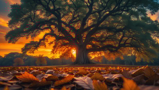 Large Tree at Sunset with Leaves on the Ground photo