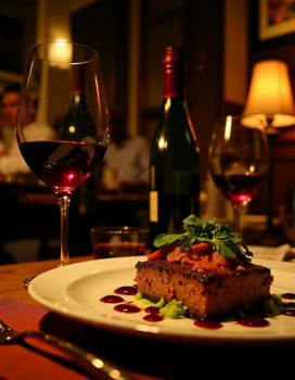 Romantic Dinner Table with Wine and Fine Dining Plate photo