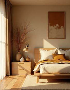 A bedroom with a bed, a lamp and a painting photo