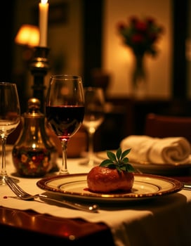 Cozy Dinner Table with Steak and Candlelight Ambience photo