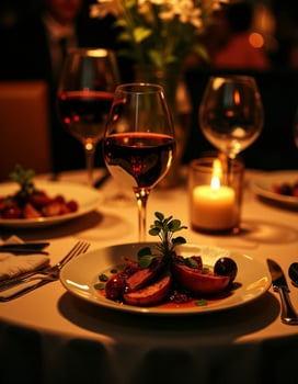 Romantic Fine Dining with Red Wine and Gourmet Dish photo