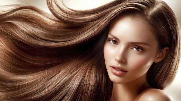 A woman's long flowing hair with a natural makeup look. photo