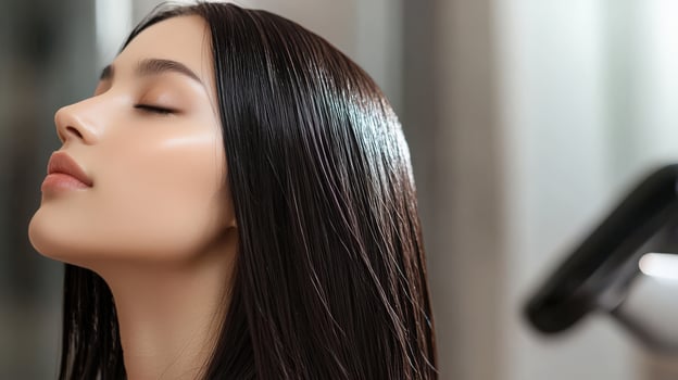 Closeup of a woman with smooth, dark hair after treatment. photo